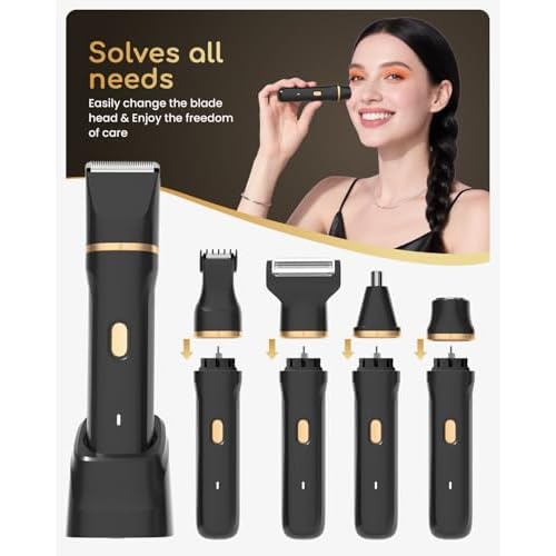Bikini Trimmer for Women,5 in 1 Waterproof Electric Razors for Women Pubic Facial Nose Body Leg Hair Removal, Anniversary Birthday Christmas gifts for women self care, Stocking Stuffers for Teen Girls
