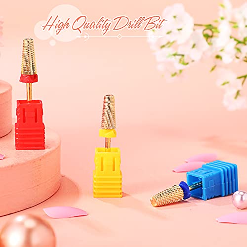 3 Pieces Nail Carbide 5 in 1 Bit Multi-function Tapered Shaping Nail Drill Carbide Nail Drill Bit Use for both Left to Right Handed, 3/32 Inch Nail Bit for Fast Remove Acrylic Gel Nail (Gold)