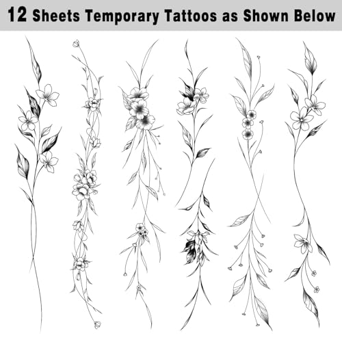 Leesgel Temporary Tattoos Women, 12 Sheets Vine Flowers