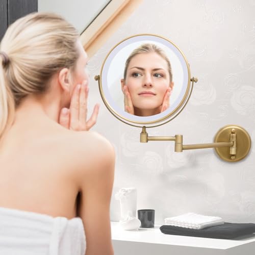 Wall Mounted Lighted 8 Inches Rechargeable Double-Sided 1X/10X Magnifying Mirror for Makeup, 3 Colors Led, Touch Dimmable, Memory Function, 360 Rotation, Foldable, Brushed Antique Brass