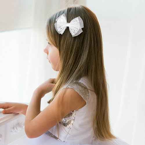 White Mesh Lace Hair Bow Clips Girls 4" Lace Fabric Bowknot Barrettes Alligator Hairpins for Flower Girl Kids Teens Toddler Bride Wedding Communion Pageant Party Dress Accessories Gift