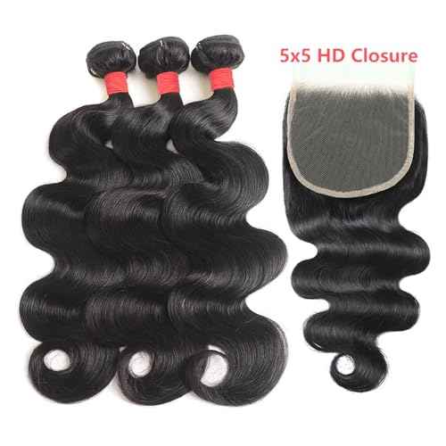 Bundles with Closure Human Hair (14 16 18+12) Body Wave 3 Bundles with 5x5 HD Closure 100% Human Hair 12A Unprocessed Virgin Hair Natural Black