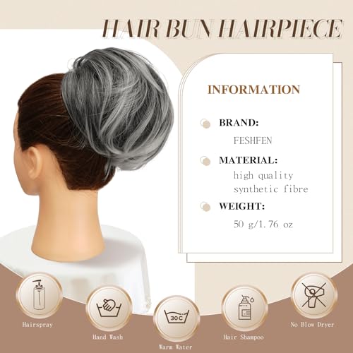 FESHFEN Hair Bun Hairpiece Fully Short Ponytail Bun Hair Chignon with Comb Clip Bun Updo Drawstring Bun Synthetic Highlight Hair Pieces Extension for Women, Gray and White Tips