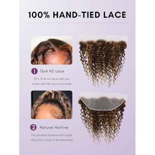 Honey Blonde Highlight 3 Deep Wave Bundles with 13x4 Frontal Human Hair 16 18 20+16, 12A 100% Virgin Thick Track Brazilian Weaves P4/27 Ombre Brown Curly Bundles with HD Lace Frontal Pre Plucked