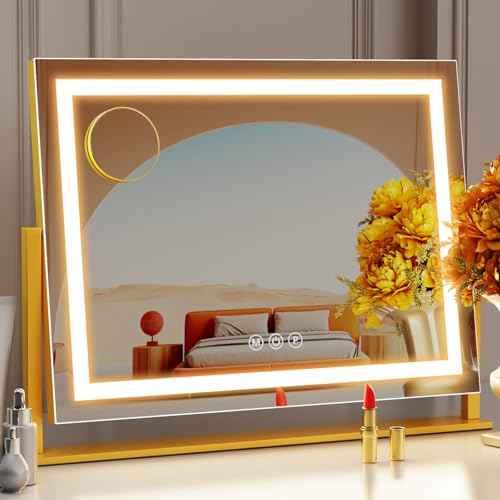 Lighted Makeup Mirror, 17.3"x13" Hollywood Vanity Mirror with Lights, Three Color Lighting Modes, and 5X Magnification Mirror, Smart Touch Control, 360¡ÆRotation (Gold,17.3in Gift Box)