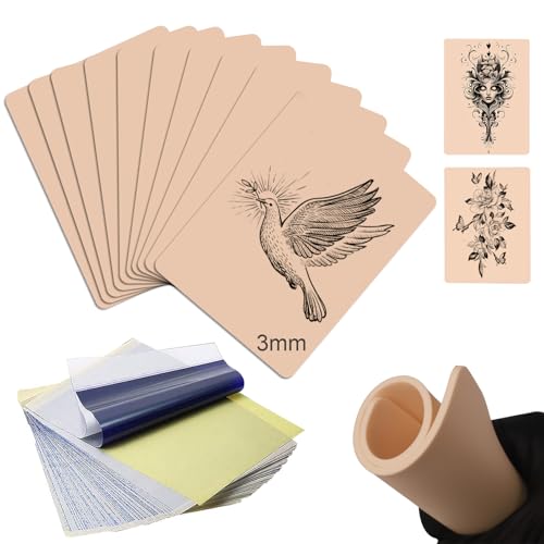 3MM Tattoo Fake Skin Transfer Paper Kit - Anghie 23pcs Tattoo Practice Skin Transfer Paper, 8pcs Tattoo Fake Skins 3MM Thick with 15pcs Tattoo Transfer Paper for Beginner&Artists Tattoo Supplies