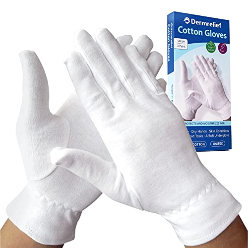 Dermrelief Organic Cotton Moisturizing Gloves for Eczema (Large, 3 Pairs)