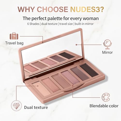 NUDES3 Mini Eyeshadow Palette - 6 Pink Shades with Mirror
