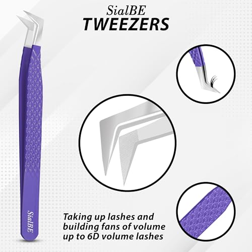Fiber Tip Lash Tweezers-SialBE Diamond Grip Eyelash Tweezers, Straight and L-Shape Tweezers for Lash Extensions, 2 Pcs Stainless Steel Lash Extension Tweezers For Lash Experts and Personal Use