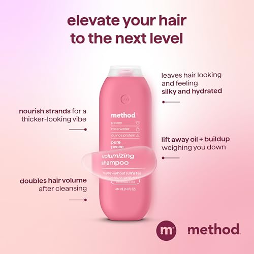 Method Volumizing Shampoo, Pure Peace with Rose, Peony, and Pink Sea Salt Scent Notes, Paraben and Sulfate Free, 14 oz (Pack of 1)