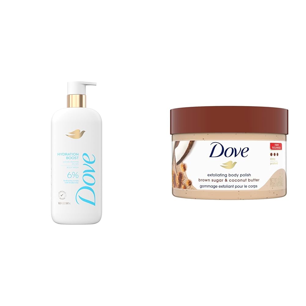 Dove Body Wash Hydration Boost 6% Serum 18.5 oz & Scrub Brown Sugar & Coconut Butter Exfoliates Restores Skin 10.5 oz