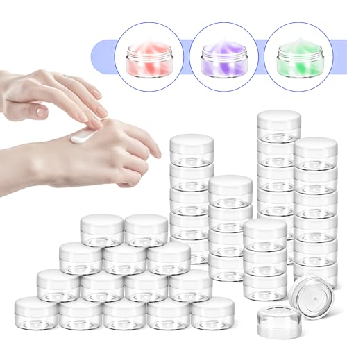 MotBach 50 Pack 10g Plastic Jars with Lids, 10ml Round Clear Cosmetic Containers Makeup Jars, Travel Size Container Jar with 20 Spatulas for Sample Lotion Cream Eyeshadow Ointment Salve Balm Powder