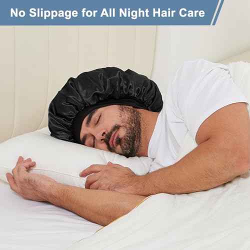 2 PCS Satin Silk Bonnet for Men Women, Hair Bonnet for Sleeping Men with Elastic Band, Large Silk Bonnet for Men Women Curly Hair Braids (Black+Blue)