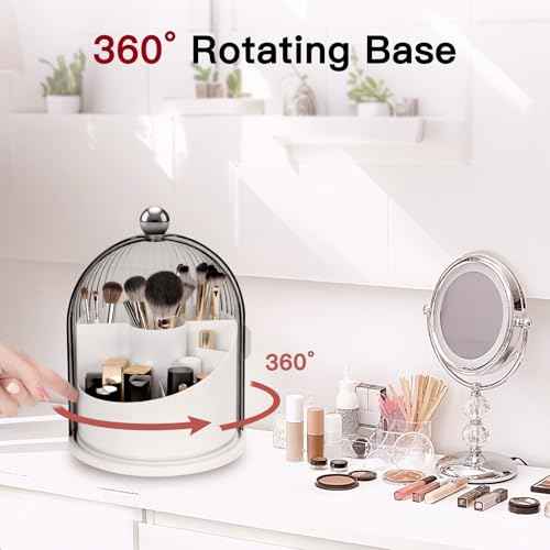Makeup Brush Holder with Lid 360¡Æ Rotating Clear Dustproof Make Up Organizers for Vanity Bathroom Countertop, Transparent