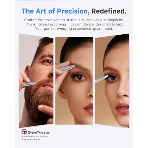 Premium Hand-Made Tweezers with Safe Rounded Tip & Comfort Spring for Pain-Free Plucking, Thick Stainless Steel for Precise Grip on Eyebrows & Facial Hair, Designed for Women and Men
