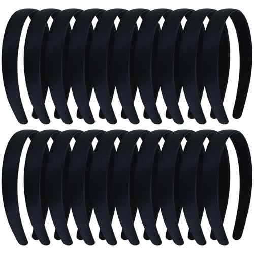 Lawie 20 Pack Black Satin Cloth Fabric Covered Wide Plastic Headbands DIY Crafting Plain Base Head Bands Hard Hairbands (Black B, Width: 2 cm / 0.8")