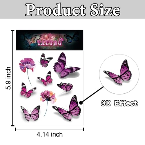 Cerlaza 3D Butterfly Tattoos Temporary, 120 Styles Butterfly Tattoos Stickers for Women and Girls, Realistic Semi Permanent Fake Tattoo for Adults, Butterflies Party Decorations