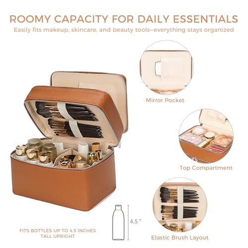 Double Layer Makeup Vanity Case, Large Capacity Cosmetic Bag with Removable Divider & Brush Organizer, Travel Toiletry Bag for Women, Portable PU Leather Organizer with Handle