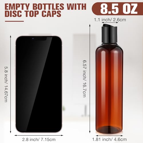 Mimorou 50 Pcs 8.5 oz Plastic Squeeze Bottle with Disc Top Flip Cap Empty Amber Refillable Container Small Travel Toiletry Bottle with Black Cap for Lotion Shampoo Oil Body Soap Creams