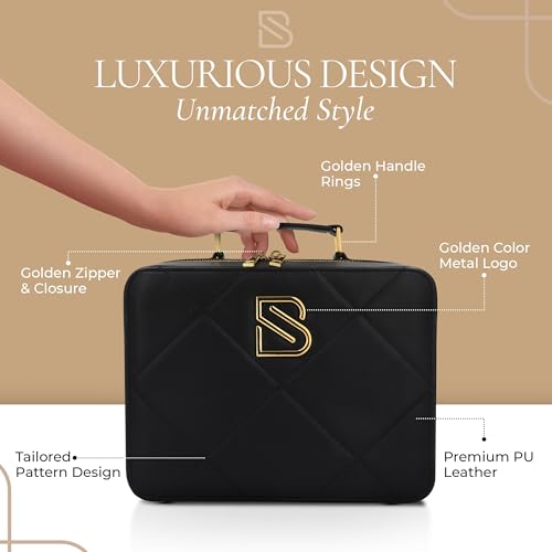 BAREZ Premium PU Leather Makeup Bag With LED Mirror - 3 Brightness Mirror Light Settings - Adjustable Dividers - Removable Mirror Waterproof Cosmetic Travel Bag - A Luxury Gift for Her (Black)