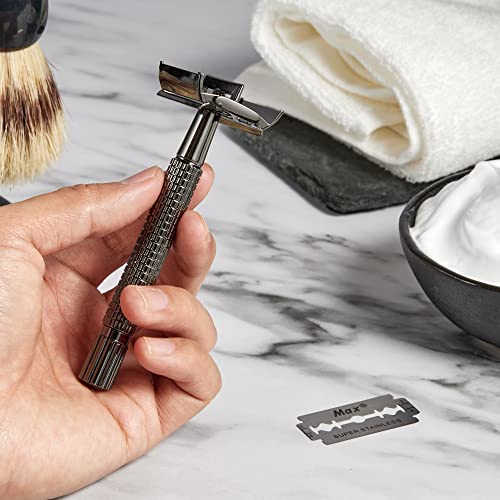 Deluxe Men¡¯s Wet shaving Kit, All Black Set, Lengthen Version Double Edge Safety Razor, Large Stand, Shaving Brush, Ceramic Shaving Bowl and 10 Extra Blades