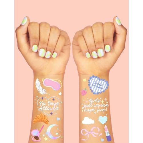 xo, Fetti Sleepover Temporary Tattoos - 72 Iridescent Foil Pcs | Birthday Decorations, Girls Pajama Night Accessory, Cute Kids Activity, Slumber Party Favor