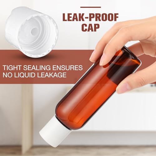 Mimorou 50 Pcs 4oz Plastic Squeeze Bottle with Disc Top Flip Cap Empty Amber Refillable Container Small Travel Toiletry Bottle for Lotion Shampoo Oil Body Soap Creams (Brown/White)