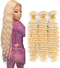 FuivJuix #613 Blonde Deep Wave Hair Bundles 16-20 Inch – Unprocessed Brazilian Virgin Human Hair Extensions, 3 Pack 150g
