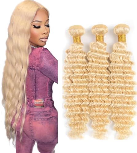 FuivJuix #613 Blonde Deep Wave Hair Bundles 16-20 Inch – Unprocessed Brazilian Virgin Human Hair Extensions, 3 Pack 150g