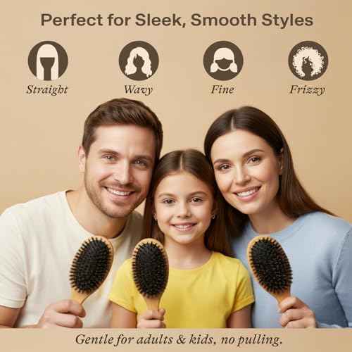 Boar Bristle Hair Brush for Women and Men, Natural 100% Soft Boars Hairbrush for Fine and Thin Hair