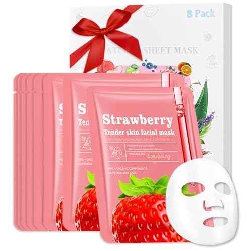 8 Pack Strawberry Kids Face Mask,Pink Face Masks Skincare Spa Day Kit Supplies,Spa Party Favors for Teens Girls Women,Sheet Facial Mask Skincare Gifts Set,Moisturize Soothe for All Skin Types