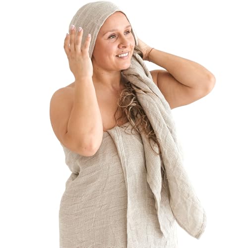 100% Natural Linen Bath Towel - Lightweight Quick-Dry Absorbent Exfoliating Linen Towel - Open Weave Hair Drying Towel