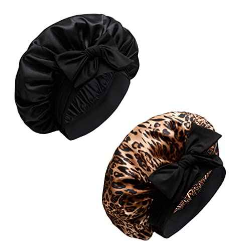 Silky Satin Hair Bonnet Night Cap Hair Cover for Black Women with Soft Stretchy Tie Band - Jumbo Satin Sleep Cap (Black & Leopard)