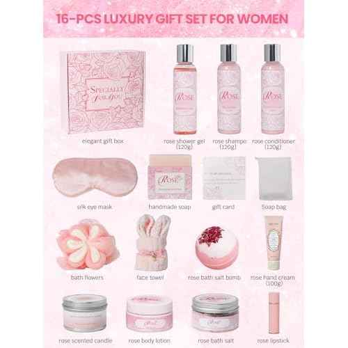 16Pcs Rose Spa Kit - Relaxing Bath & Body Care Gift Set with Bath Bombs & Lotions for Women. The Perfect Mother's Day Birthday Christmas or Thank You Gift for Mom Wife Friend Relaxing Home Spa Set