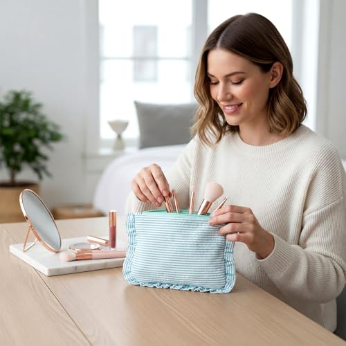 Sanwuta 6-Piece Seersucker Makeup Bag Set with Zipper - Mint Green