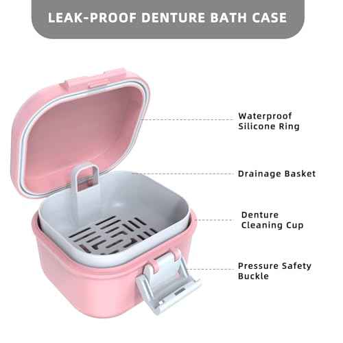 ARGOMAX Leak Proof Denture Bath Cup, Portable Soaking Denture Box, Denture Bath Case with Strainer, for Dentures and Braces (Pink + White).
