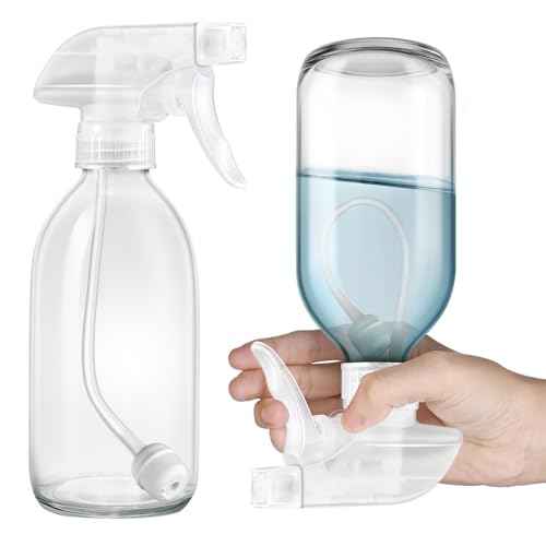 Tecohouse Glass Spray Bottles 8oz, 2 Pack 360¡Æ Glass Spray Bottle for Cleaning Upside Down Mister Squirt Bottle with Adjustable Nozzle for Hair, Plants, Pet Clear White Nozzles