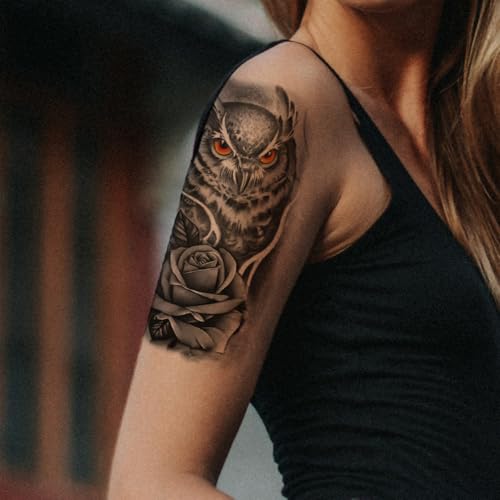 8 Sheets 3D Black Realistic Temporary Tattoos for Men Women Adults, Owl Sketch Dreamcatcher Flower Rose Halloween Fake Half Arm Sleeve Tattoos Stickers Legs Kit Sets