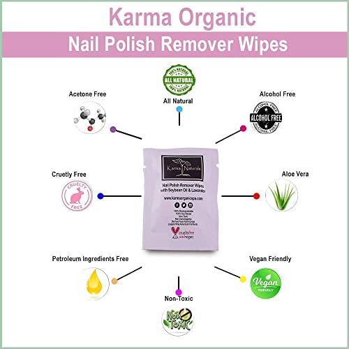 Karma Organic Nail Polish Remover Wipes Bundle - Tea Tree Oil Based Nail Polish Remover (4FL-Oz) Lavender Nail Polish Remover Wipes (Pack of 10)