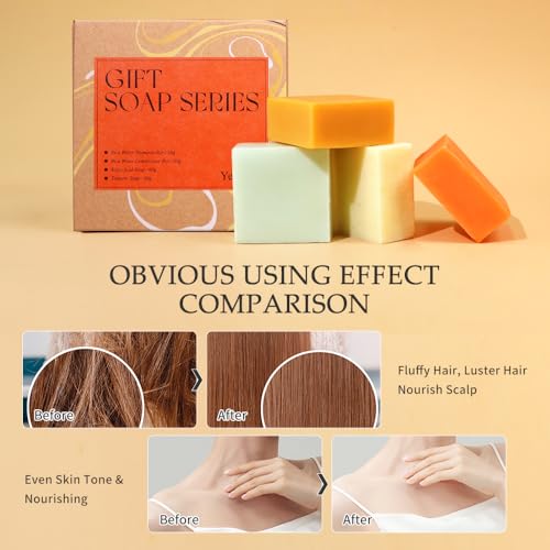 Turmeric Soap Bar and Rice Water Shampoo Conditioner Bar Set,Kojic acid for Body,Face and Hair,Deep Cleansing,Travel Toiletries,Spa Gifts For Women