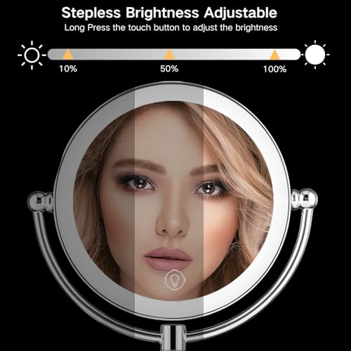 Wall Mounted Lighted Makeup Mirror with Magnification, 8-inch 1X/10X Wall Mount Magnifying Mirror for Bathroom, Touch Dimmable, 360 Degree Swivel, 2-Sided, Extendable Arm