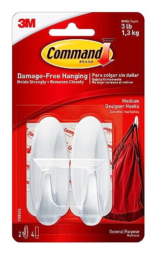 Command Medium Designer Hooks, Damage Free Hanging Wall Hooks with Adhesive Strips, No Tools Wall Hooks for Decorations in Living Spaces, 2 White Hooks and 4 Command Strips