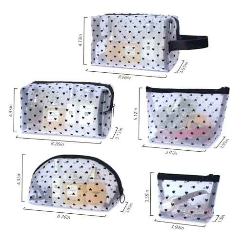 5-Piece Heart Printed Mesh Makeup Bag Set, Portable Travel Cosmetic Toiletry Purse Bags, Zipper Storage Pouches for Home Offices Travel Accessories (White)