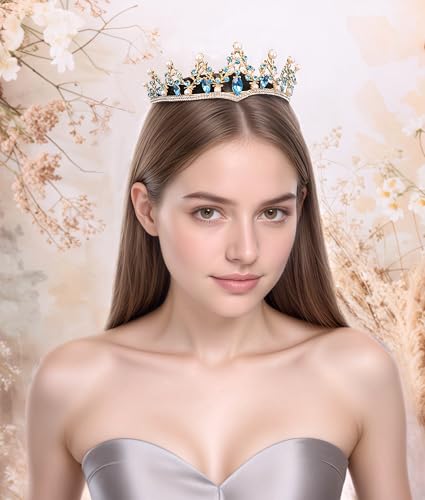 Baroque Pearl Crystal Bridal Tiara Crown in Gold (Variation: Gold-light blue) for Weddings & Prom