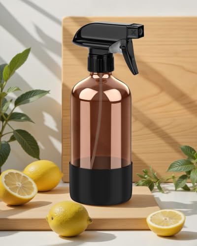 Black 16 oz Amber Glass Spray Bottle with Silicone Sleeve for Essential Oils & Home Use