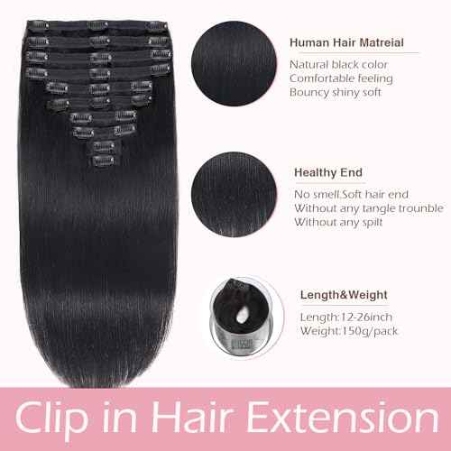 CanaryFly Straight Clip in Hair Extensions Real Human Hair,10Pcs 100% Unprocessed Full Head Brazilian Virgin Human Hair Clip ins for Women,Natural Silk Human Hair 150g 14inch #1B Natural Black