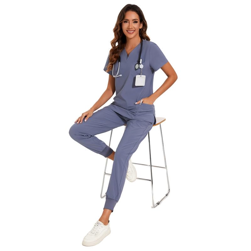 COZYFIT Scrubs for Women Set - Stretch V-Neck Scrub Top & Jogger Pant with 8 Pockets, Yoga Waistband, Anti Wrinkle, Slim Fit Women Scrubs - Grey, XS