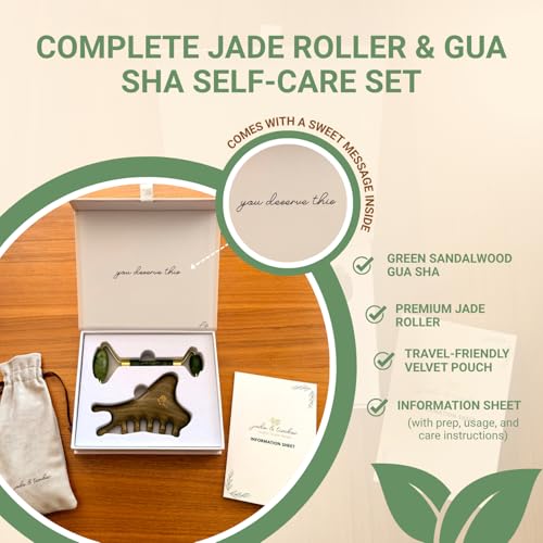 jade & timber Jade Roller & Green Sandalwood Gua Sha Set ? Facial & Body Massage Tools for Lymphatic Drainage & Sculpting - Self Care Gift