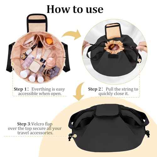 Barrel Drawstring Makeup Bag Large Travel Makeup Bag,Portable Large Capacity Cosmetic Bag Toiletry Organizer for Travel Accessories Make Up Essentials and Hair Product,Gifts (Black)