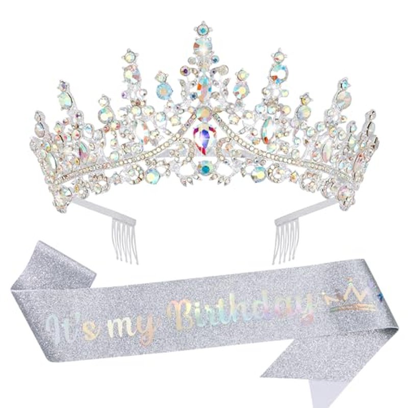 Silver Crystal Birthday Tiara Crown for Women with Comb